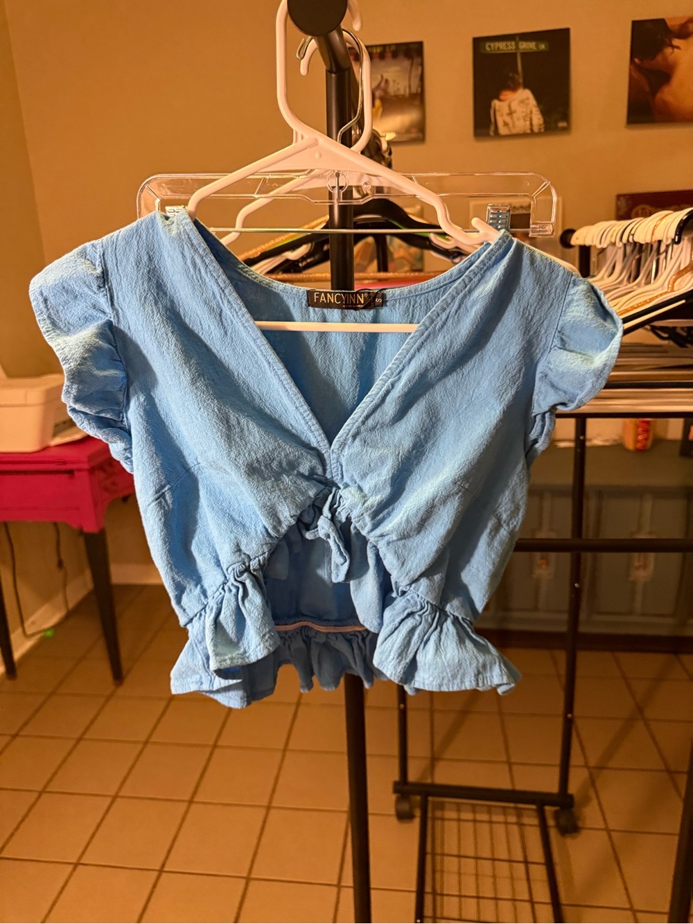 FANCYINN Sky Blue Tie-Front Ruffle Crop Top